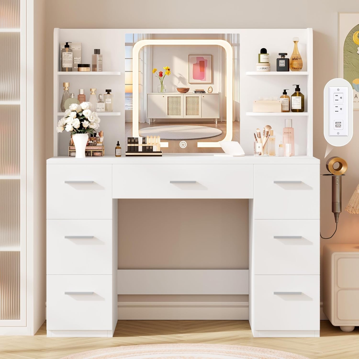 Large Makeup Vanity Desk, 43.3”W X 15.7“D X 53.2”H, White (Large Desktop, Samrt LED Mirror, 4 Open Shelves, 7 Drawers, Hairdryer Rack, Power-Outlet)