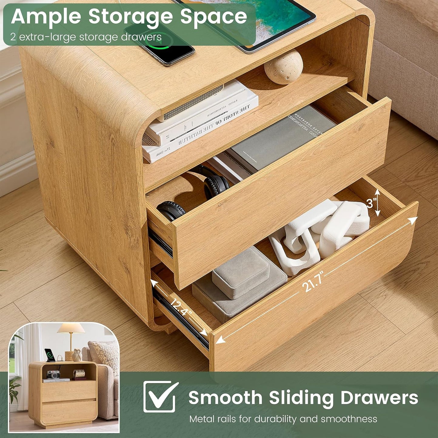 Modern Nightstand Set of 2, 23.2" Large Wood Bedside Table with Charging Station & Curved Profile, 2 Storage Drawers Side Table, Mid-Century End Table Night Stand for Bedroom Sofa Natural