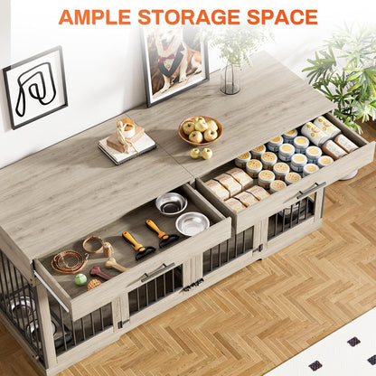 72" Dog Crate Furniture for 2 Dogs, Large Double Dog Kennel Indoor Furniture with 2 Storage Drawers and Removable Divider, Wooden Dog Cage with 4 Bowls, Dog House TV Stand for Medium Dog, Grey
