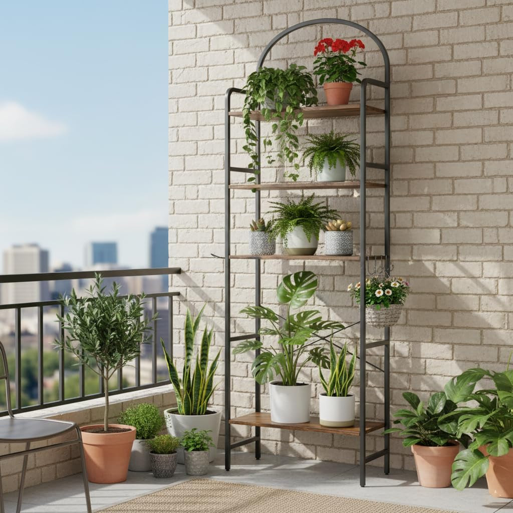 3-Tier over the Toilet Storage with 4 Hooks and Paper Holder, Space Saving, Bathroom Organizer with Adjustable Feet, Metal Frame and Wooden Shelf,Rustic Brown and Black