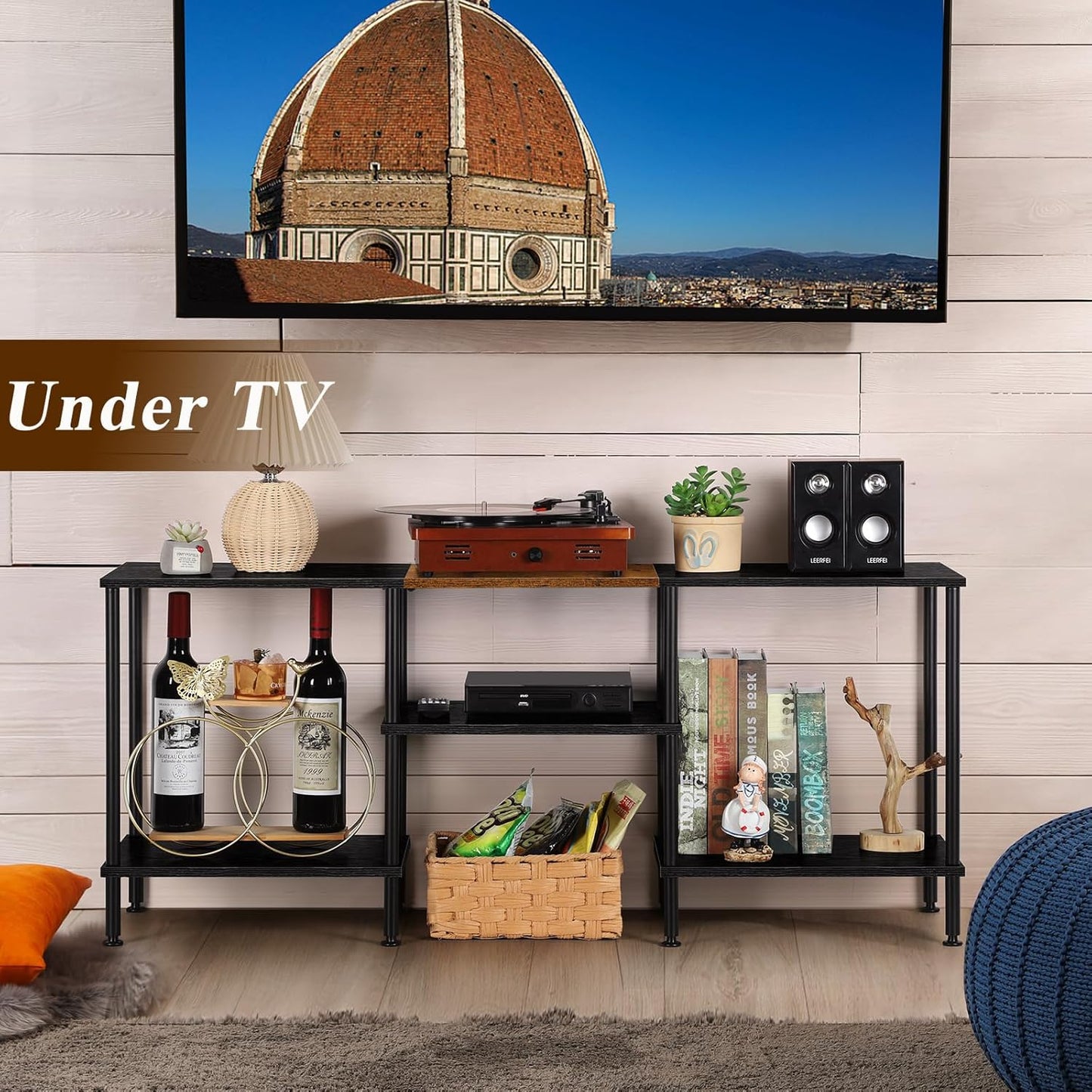 TV Stands for Living Room 50 Inch TV Stand with Power Outlet Entertainment Center with Storage 3 Tier TV Console Table for 50 43 40 32 Inch TV, Black