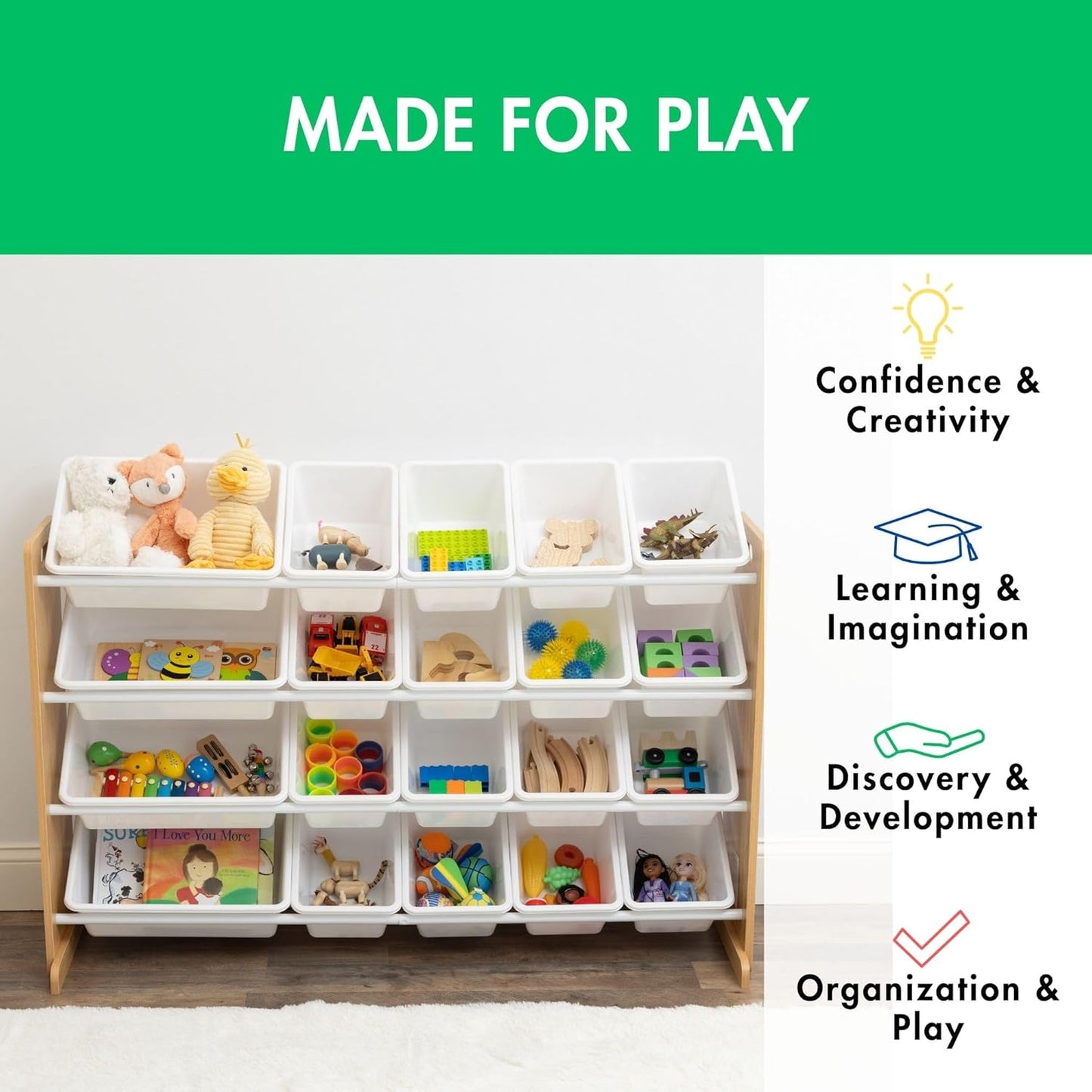 Extra-Large Toy Organizer with 20 Plastic Bins – Natural/White Storage Rack with 4-Tier Shelves, Anti-Tip Safety, for Kids’ Rooms, Playrooms, Nurseries & Classrooms