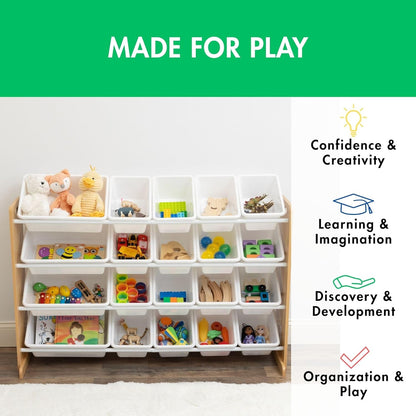 Extra-Large Toy Organizer with 20 Plastic Bins – Natural/White Storage Rack with 4-Tier Shelves, Anti-Tip Safety, for Kids’ Rooms, Playrooms, Nurseries & Classrooms