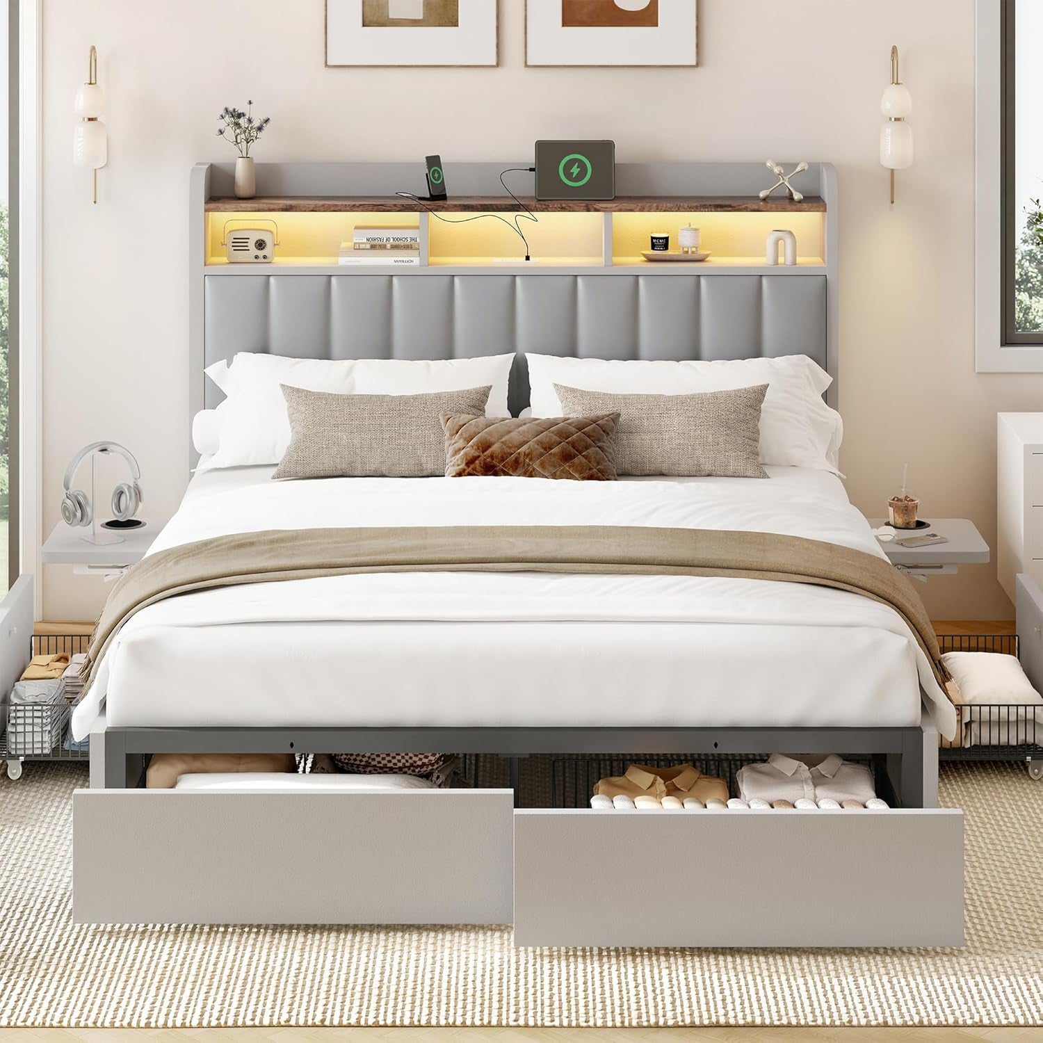 Queen Bed Frame with Headboard,4 Storage Drawers,And Built-In Adjustable Desk,Charging Station,Easy Assembly,No Box Spring Needed,Light Grey