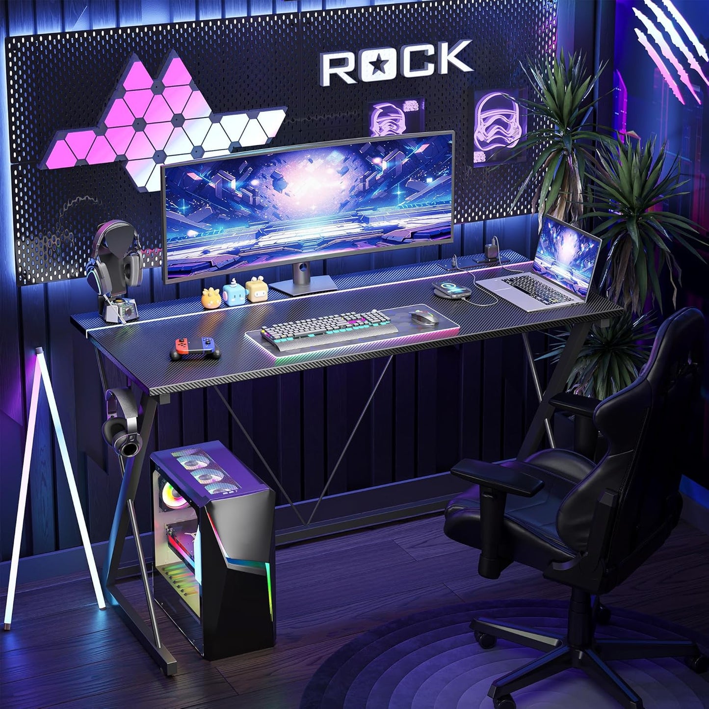 Gaming Desk with Power Outlets & LED 40 Inch Ergonomic Computer Carbon Fiber Surface Gamer Desk, PC Workstation with Headphone Hook for Bedroom, Kids Desk Gift for Boys, Black