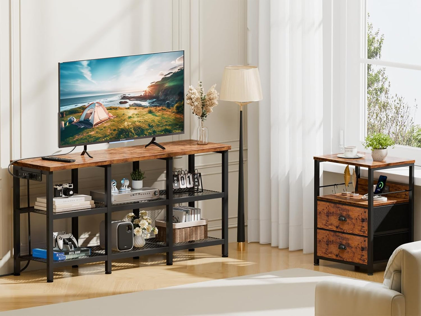 TV Stand with Power Outlets, Small Entertainment Center with Open Storage Shelves, Media Console Center for Tvs up to 50 Inch, Television Stands for Living Room/Bedroom, Rustic Brown