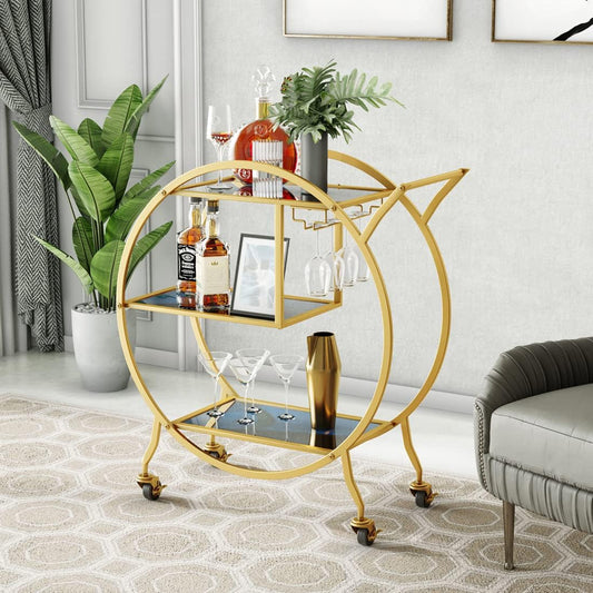 Bar Cart, Upgraded 3 Tier Gold Bar Serving Cart with Glass Holder and Wheels, Metal Handle round Bar Carts for the Home, Kitchen, Living Room