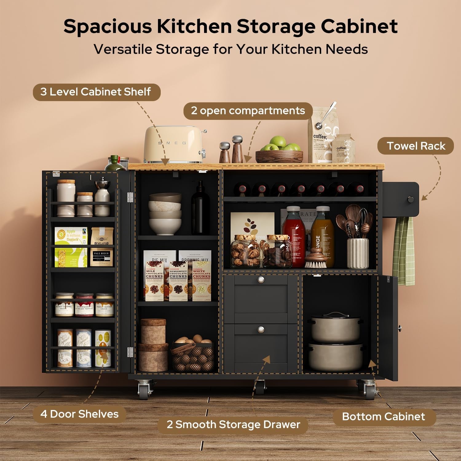 Rolling Kitchen Island with Storage Cabinet, 41.3'' Width Kitchen Cart with Desktop Drop Leaf Countertop, Portable Mobile Kitchen Island with Towel Rack, Spice Rack Shelf and Lockable Wheels, Black