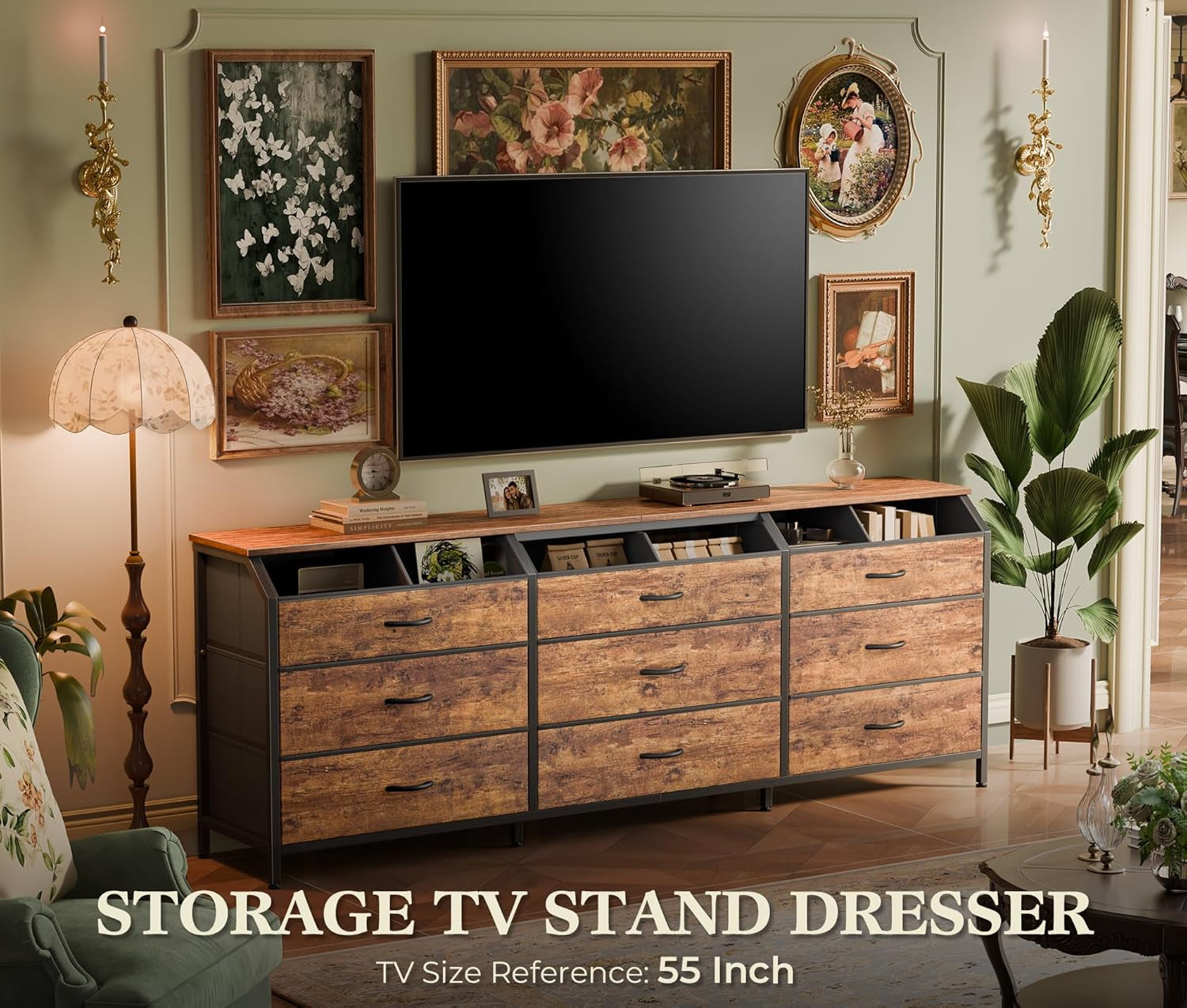63 Inch Long Dresser for Bedroom, Large Open Storage Drawers, Dresser for Closet with 9 Fabric Drawers, TV Stand for 55, 65, 70 Inch TV, 63" W X 13.7" D X 26.7" H, Rustic Brown