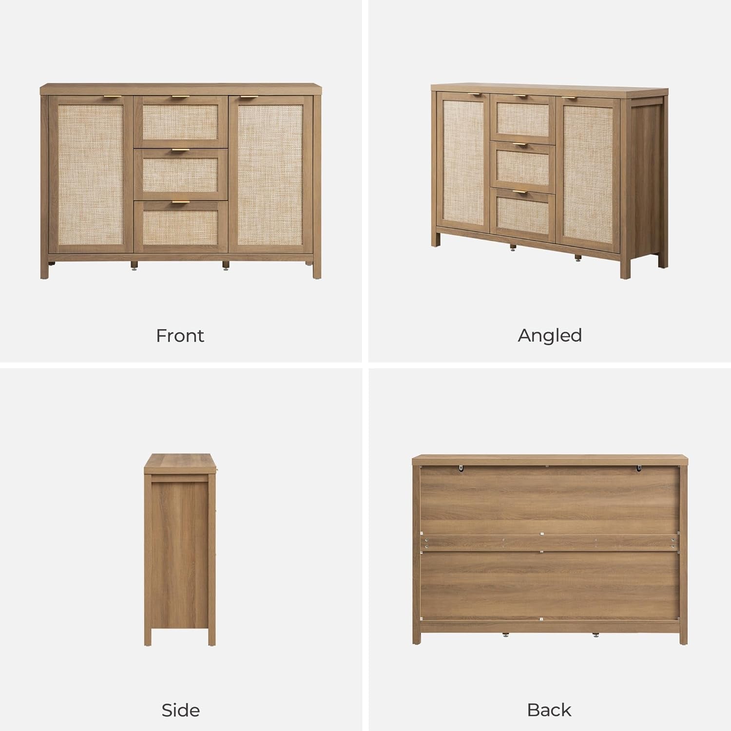 Rattan Sideboard Buffet Cabinet with Storage - 52" Larger Farmhouse Credenza Storage Coffee Bar Cabinet with 3 Drawers & 2 Doors, Boho Console Table for Living Room, Kitchen, Caramel Oak
