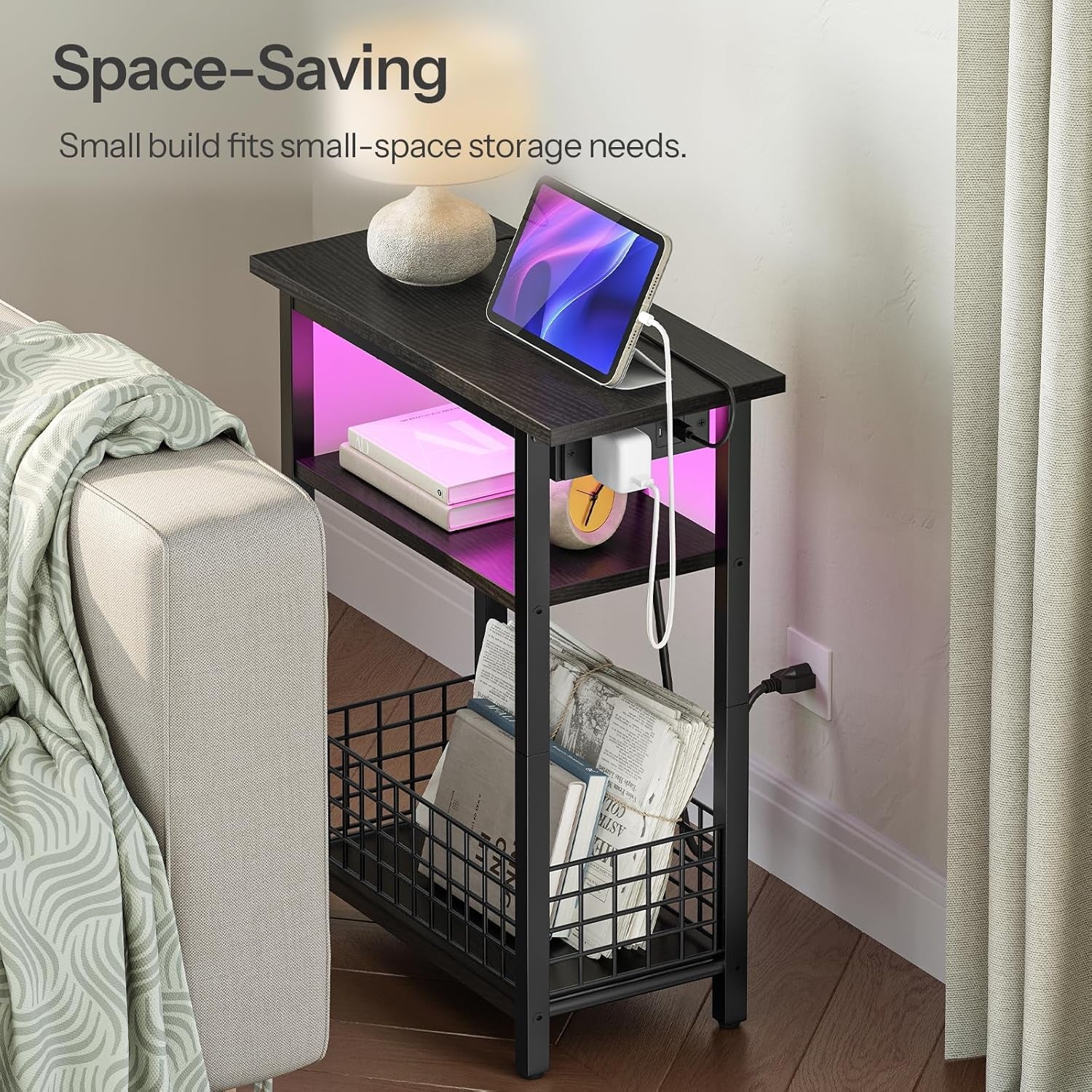 Narrow Side Table with Charging Station and LED Light, Small End Table with Storage, Skinny Nightstand with USB Port, Slim Bedside Table for Small Spaces, Living Room, Black BB242UDBZ01