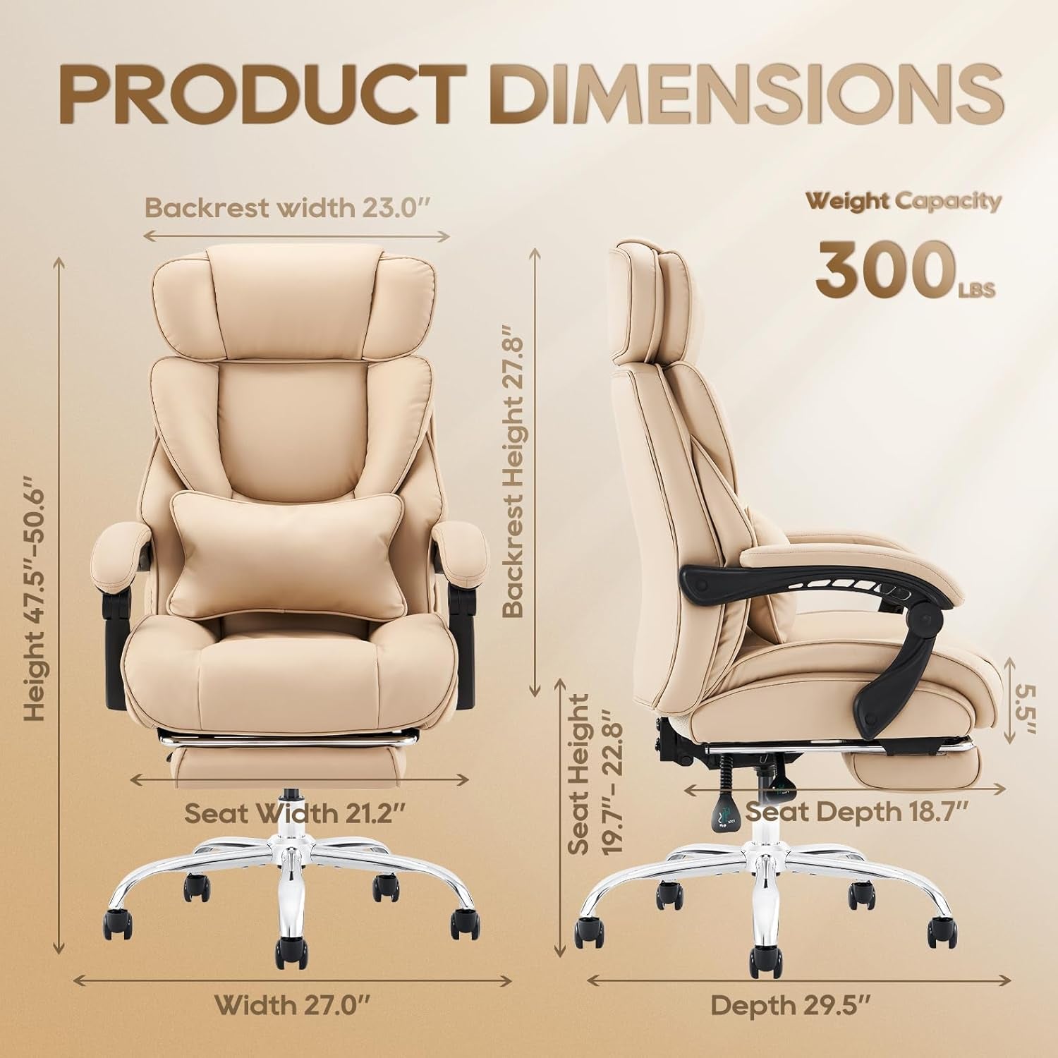 Office Chair with Retractable Footrest, Ergonomic High Back Design Executive Computer Desk Chair with Removable Lumbar Pillow, 90-135°Reclining, Thick Bonded Leather for Home Office Work, Khaki