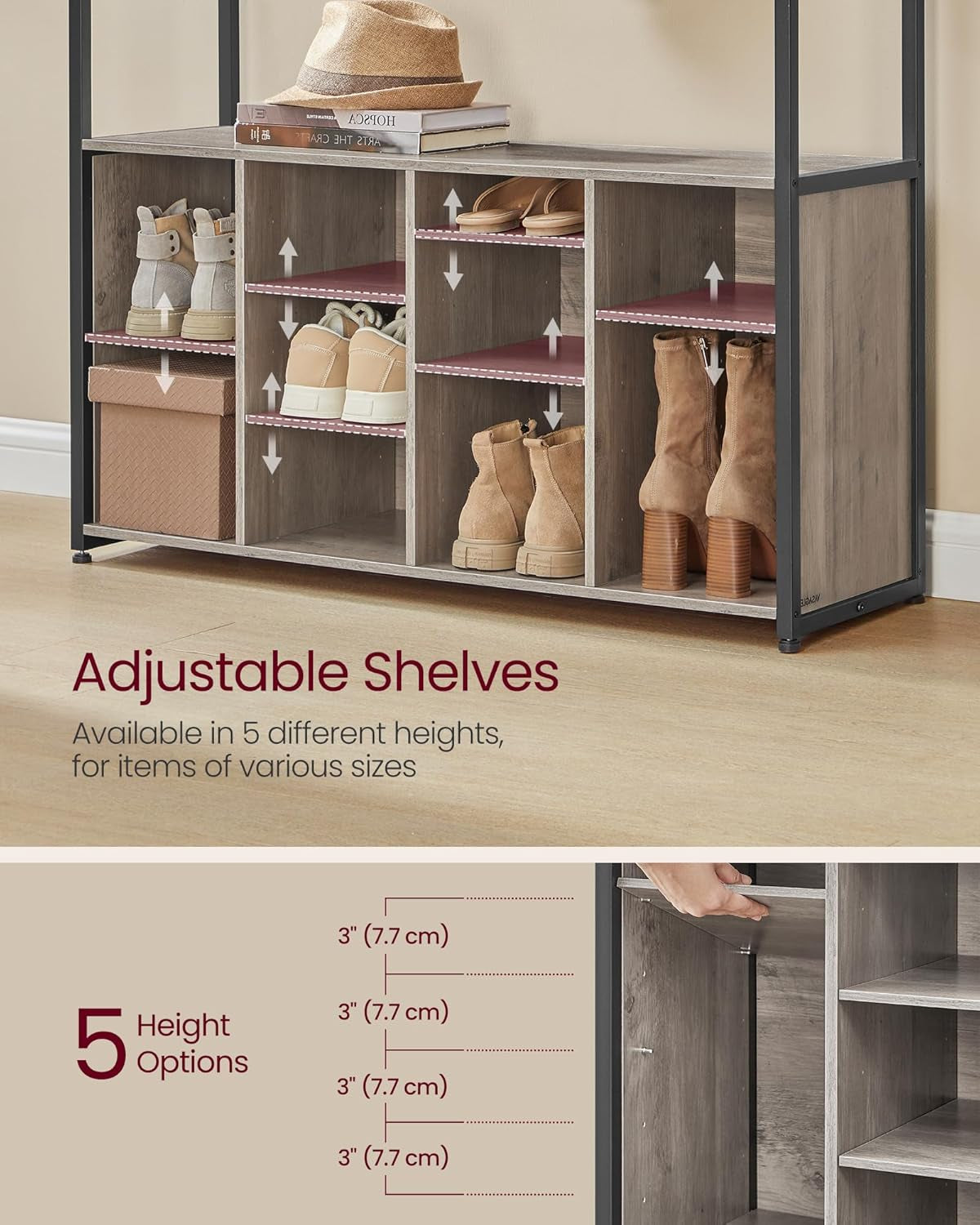 Hall Tree with Bench and Shoe Storage, Coat Rack with Shoe Bench, Entryway Furniture, Open Compartments, Industrial Style, Space Saving, Heather Greige and Ink Black UHSR432G01