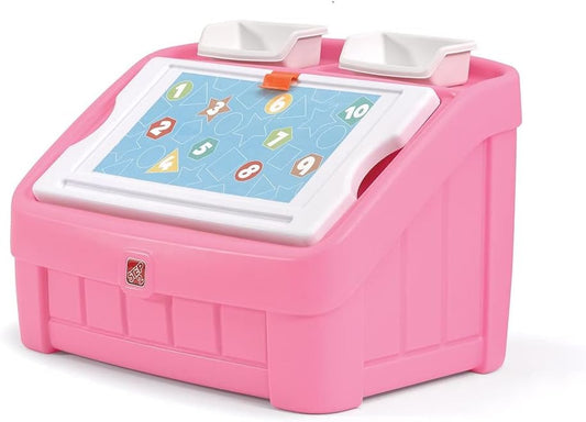 2-In-1 Toy Box & Art Lid, Kids Toy Storage Bin & Organizer, Easel & Chest in One, Made of Durable Plastic, for Toddlers 2+ Years Old, Pink
