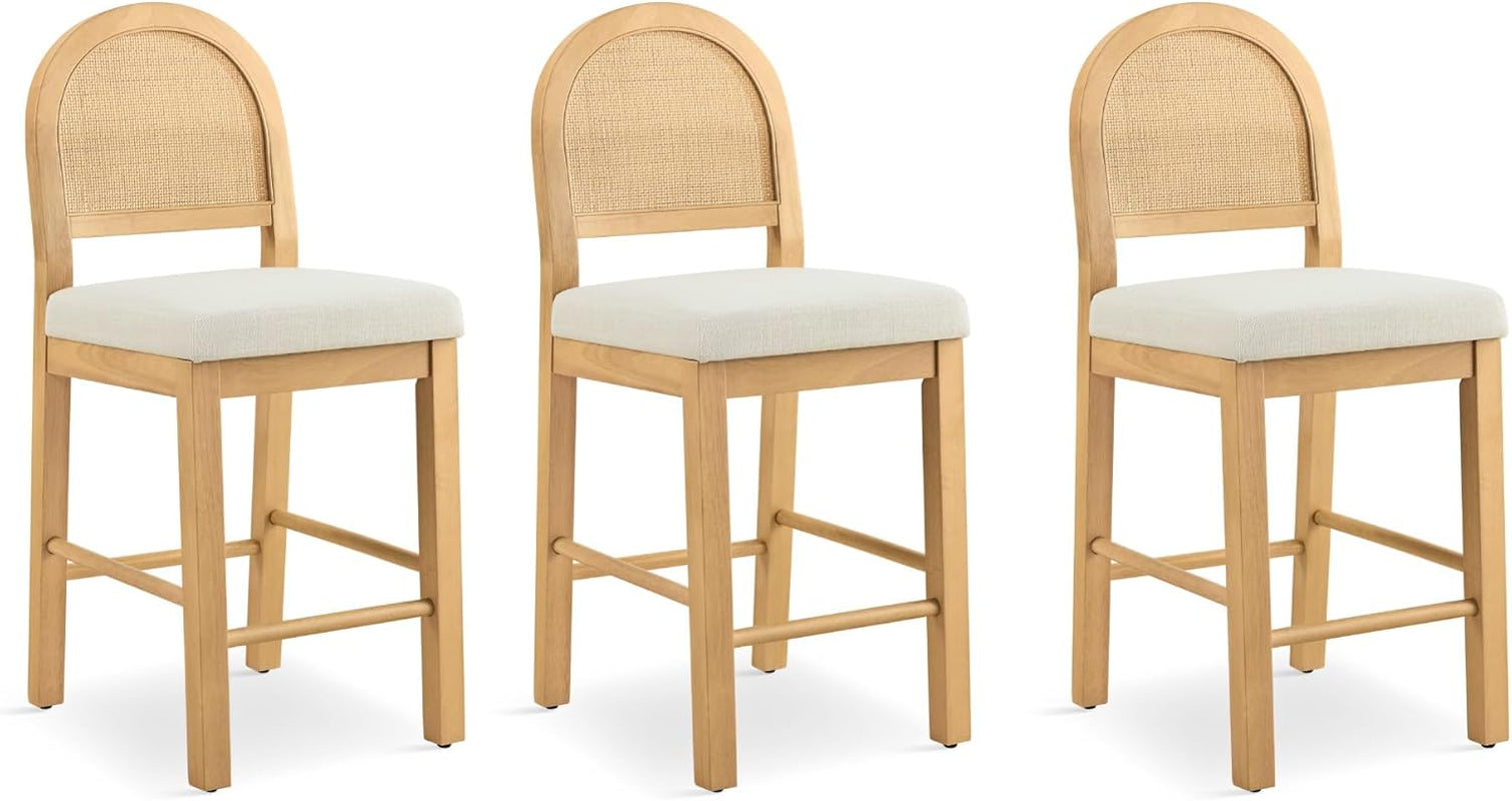 Rattan Counter Height Bar Stools Set of 3, Upholstered Farmhouse Barstools with Natural Rattan Back, Wooden Legs for Kitchen Island, Natural/Linen