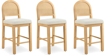 Rattan Counter Height Bar Stools Set of 3, Upholstered Farmhouse Barstools with Natural Rattan Back, Wooden Legs for Kitchen Island, Natural/Linen