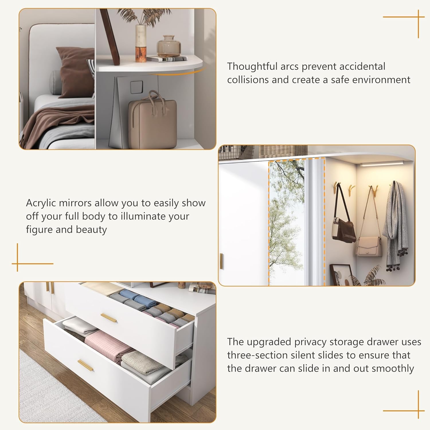 Armoire Wardrobe Closet with Mirror & Sensor Light, Bedroom Armoire with 5 Doors & 2 Drawers, Modern Wooden Large Wardrobe Closet with Shelves, 4 Hooks, 2 Hanging Roods, Open Space, White