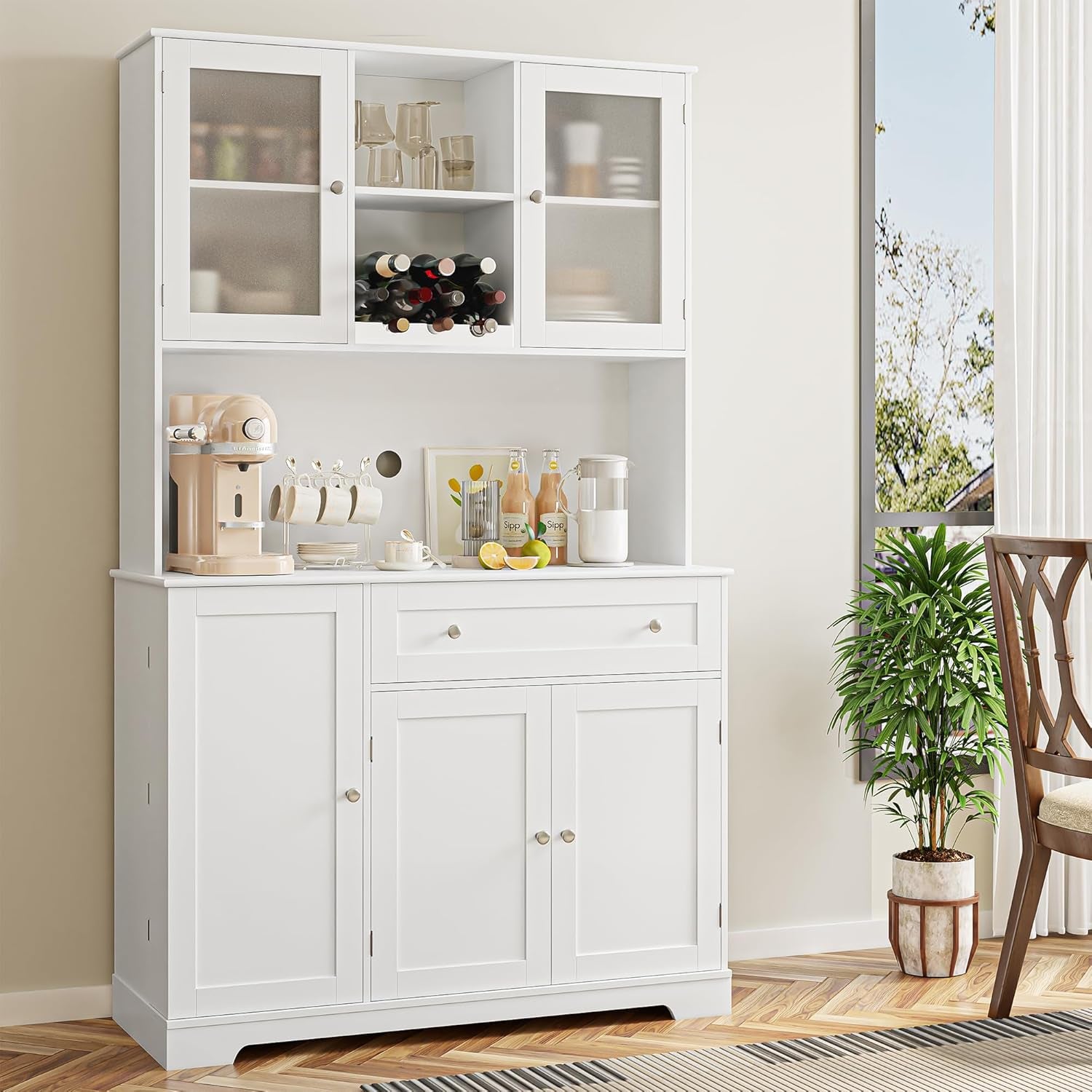 Kitchen Pantry Storage Cabinet, Modern Buffet Cabinet with Hutch, Tall Kitchen Hutch with Microwave Stand, Food Pantry with Doors and Shelves | Wine Rack for Dining Room, White