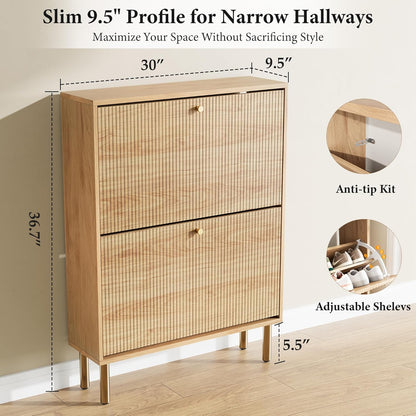 Shoe Storage Cabinet for Entryway - Flip Shoe Cabinet with Tiered Fluted Design - Slim Shoe Storage Rack with Gold Legs - Narrow Shoe Cabinet Hidden Shoe Organizer for Small Spaces