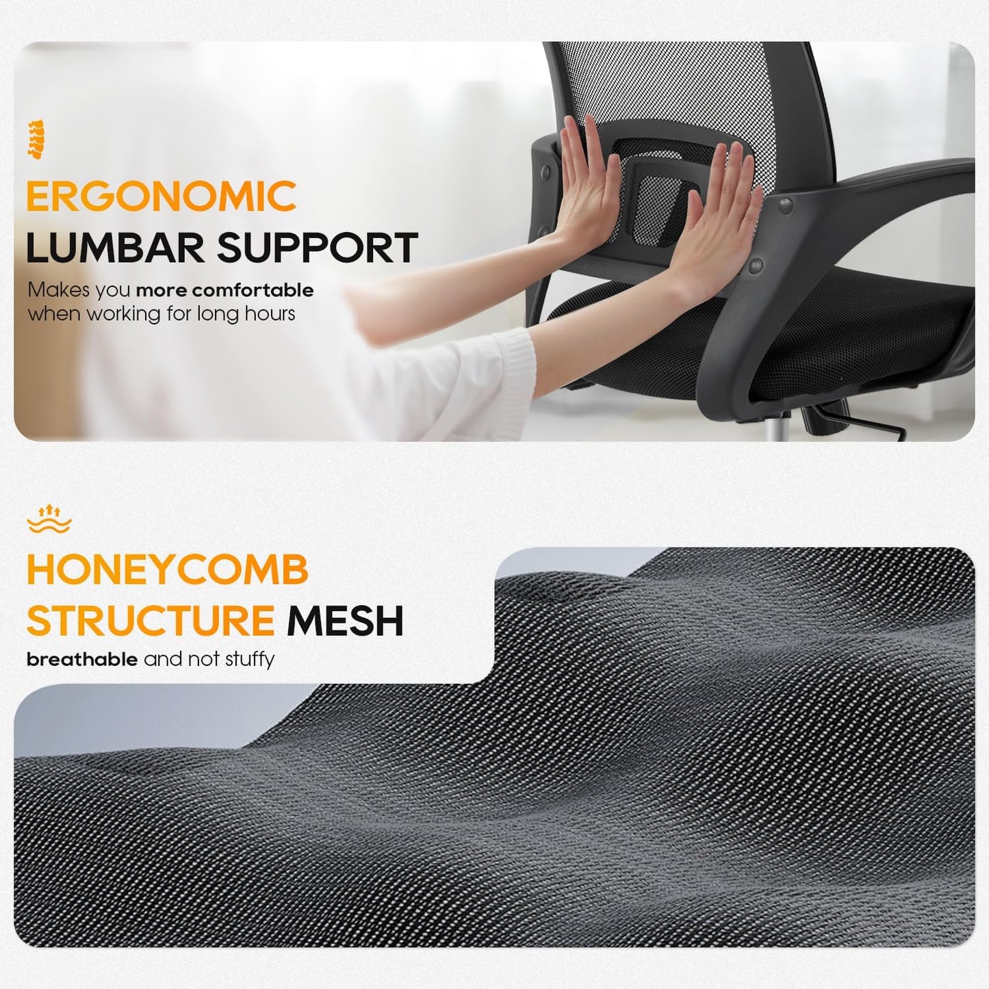 | Ergonomic Office Chair | Mid-Back Swivel Desk Chair | Breathable Backrest & Lumbar Support | Adjustable Height | Sponge Seat | Rolling Wheels | Dark Black | for Adults & Women