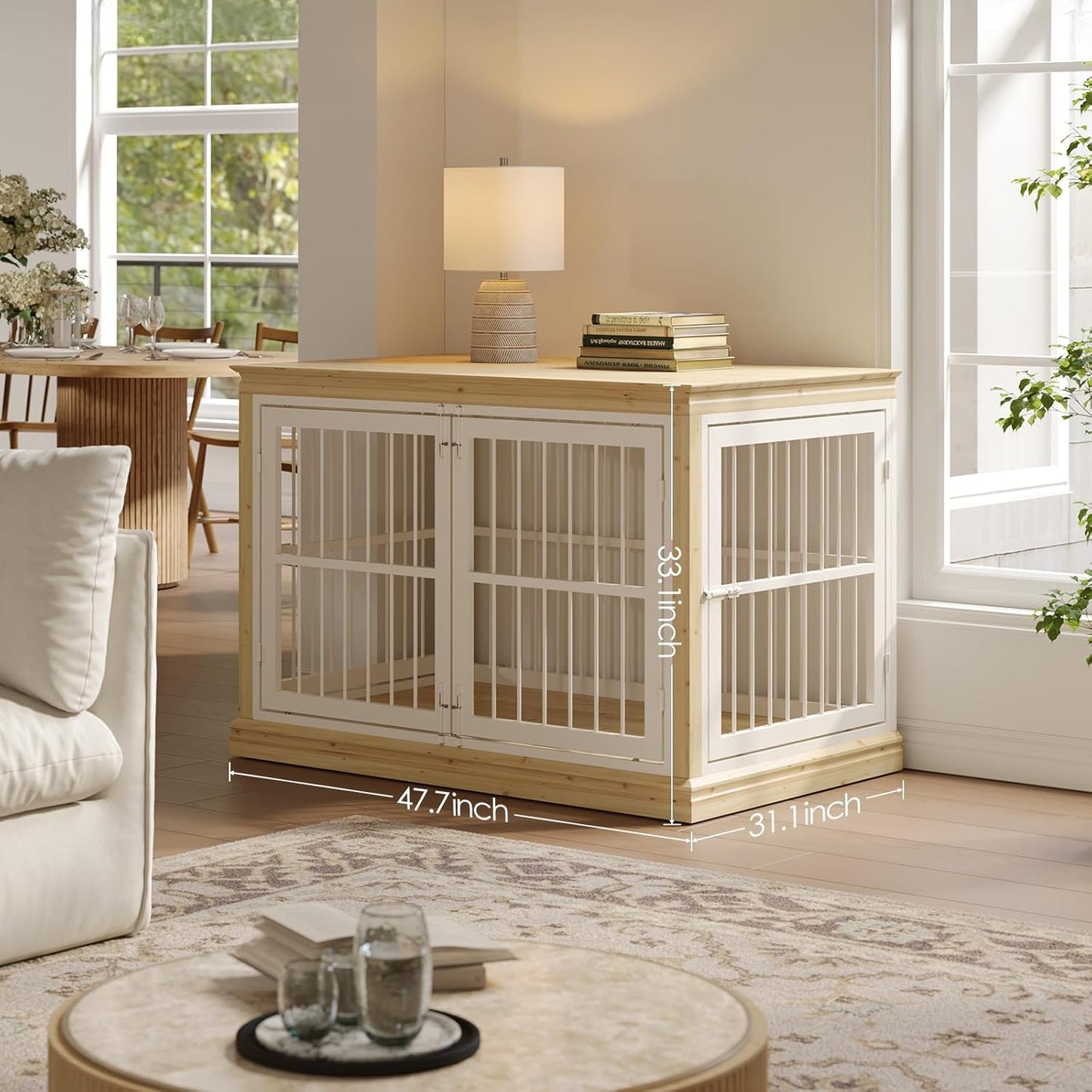 38 in Solid Wood Dog Crate Furniture for Dogs-Large Dog Crate Sideboard and TV Stand, Small, Wood Dog Kennel-(White+Natural)