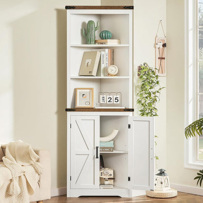 Farmhouse Corner Cabinet, 70" H Tall Corner Hutch with 5 Shelves & 2 Barn Doors, Bathroom Cabinet with Adjustable Shelf, for Living Room, Kitchen, Bathroom, White