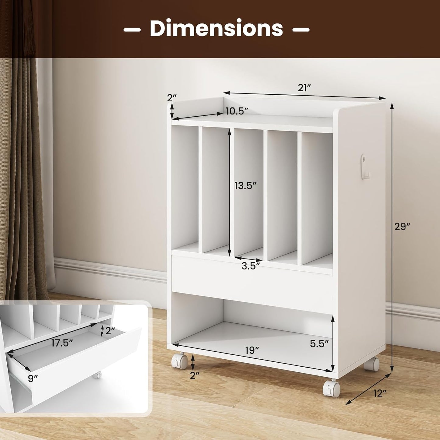 Record Player Stand, Rolling Turntable Stand with Drawer & Lockable Wheels, Record Player Table Holds up to 150 Albums, Vinyl Record Storage for Living Room Bedroom, White