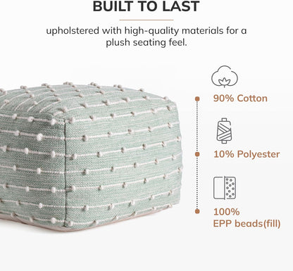 100% Handmade & Handcrafted Comfortable Home Décor Pouf Ottoman Footrest for Living Room, Bedroom, Nursery, Kidsroom, Patio Furniture - (22" X 22" X 16"- Teal,Ivory)