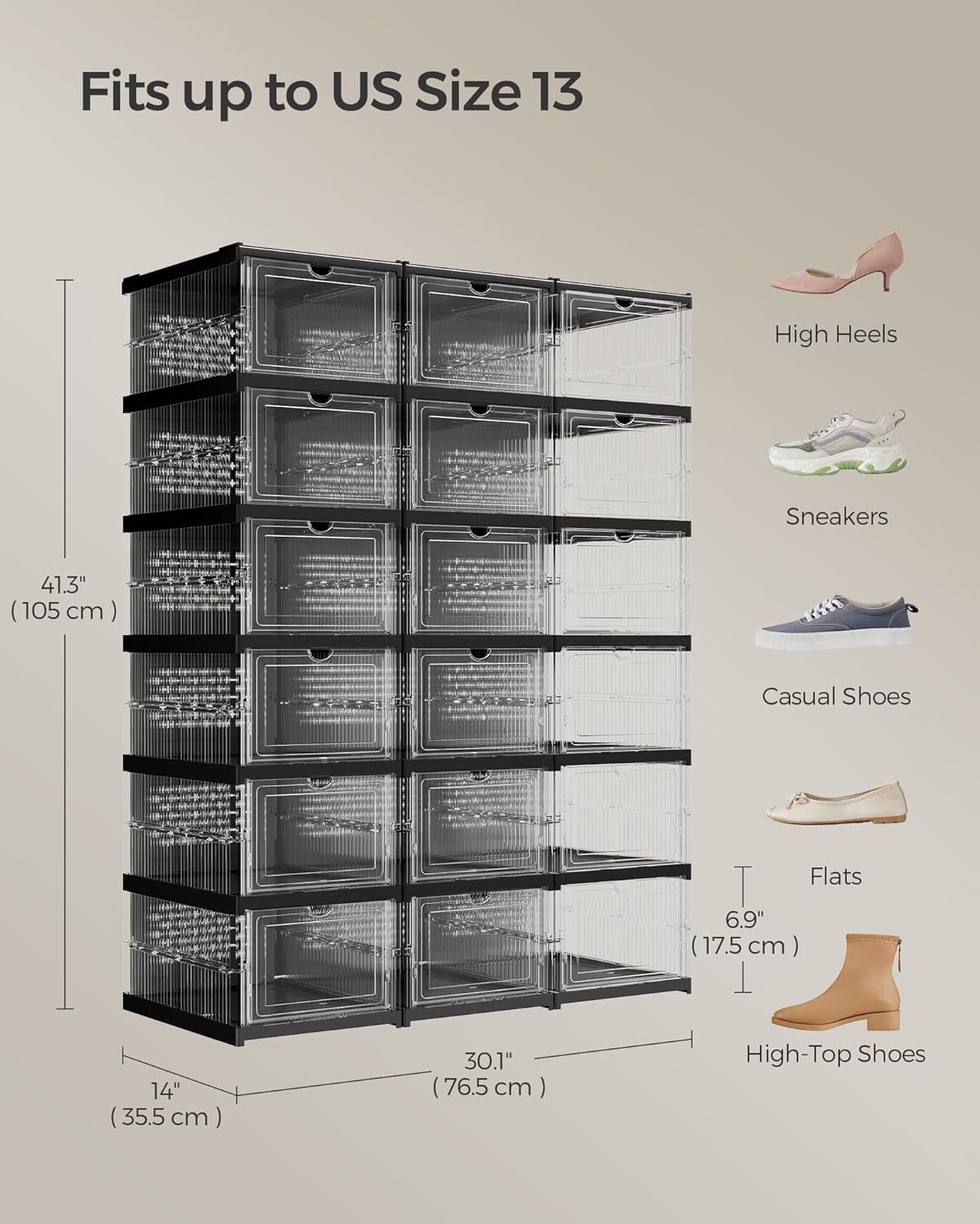 Foldable Shoe Boxes, Pack of 18 Stackable Shoe Storage Organizer, Set of 3 Integraed Shoe Cabinets, Portable, Fit up to US Size 13, 60S Assembly, Transparent and Ink Black ULSP207B01