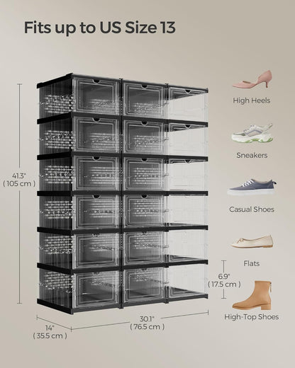 Foldable Shoe Boxes, Pack of 18 Stackable Shoe Storage Organizer, Set of 3 Integraed Shoe Cabinets, Portable, Fit up to US Size 13, 60S Assembly, Transparent and Ink Black ULSP207B01