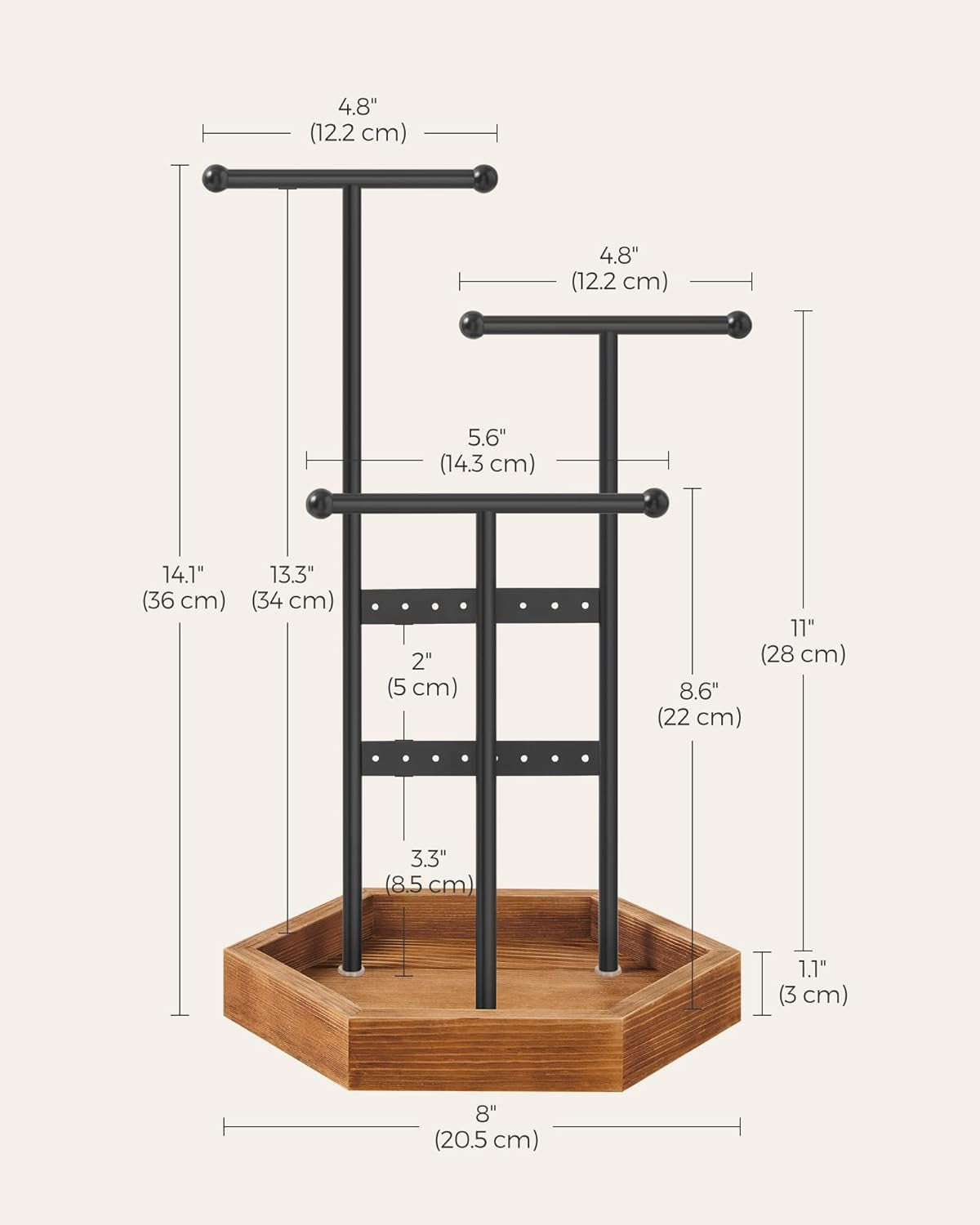Jewelry Holder, Jewelry Organizer, 3 Tiers and 1 Tray, Jewelry Display Stand with Metal Frame, Necklace Earring Bracelet Holder, for Rings, Ink Black and Caramel Brown UJJS03CB