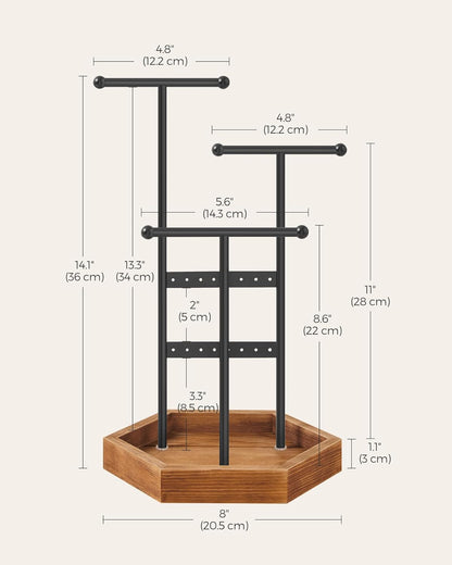Jewelry Holder, Jewelry Organizer, 3 Tiers and 1 Tray, Jewelry Display Stand with Metal Frame, Necklace Earring Bracelet Holder, for Rings, Ink Black and Caramel Brown UJJS03CB
