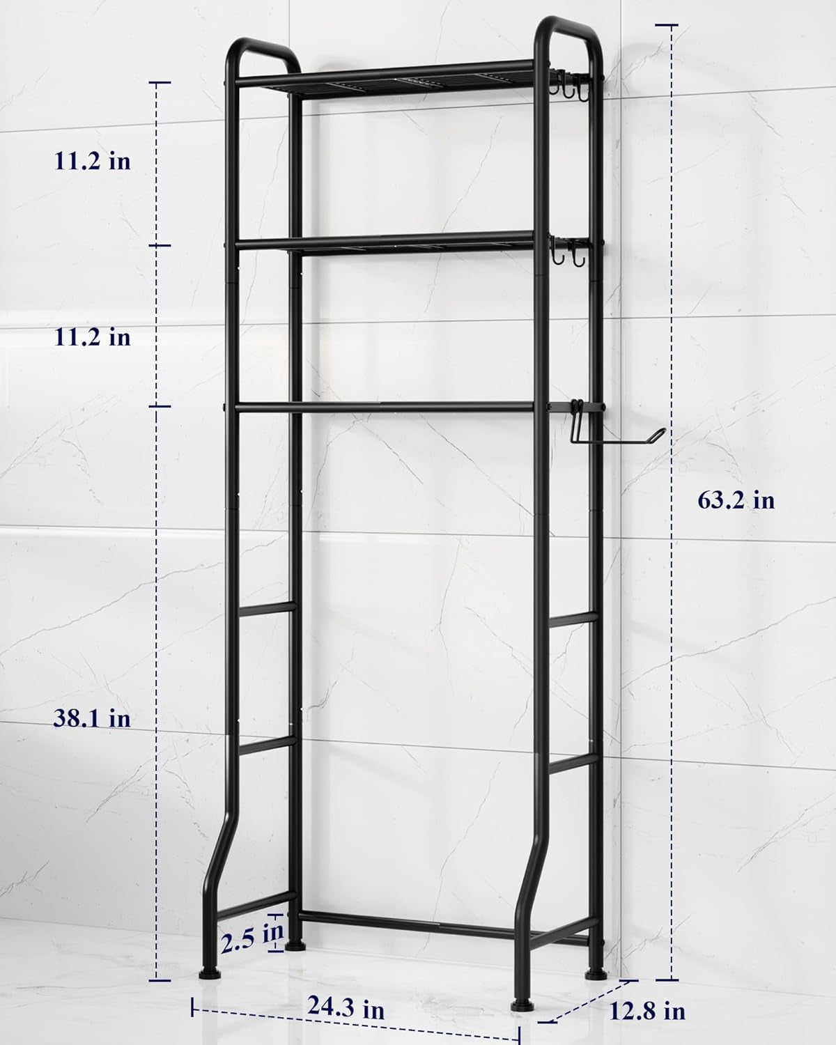 over Toilet Storage Rack - Metal over Toilet Bathroom Organizer Shelf, over the Toilet Storage Cabinet with Paper Holder and Hooks, Bathroom Cabinet for Laundry, Black, 3 Tiers (63.2" H)