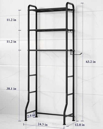 over Toilet Storage Rack - Metal over Toilet Bathroom Organizer Shelf, over the Toilet Storage Cabinet with Paper Holder and Hooks, Bathroom Cabinet for Laundry, Black, 3 Tiers (63.2" H)