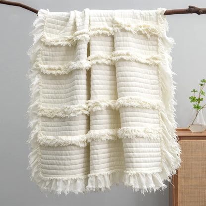 Ultra Soft Pre-Washed Warm Quilted Throw Blanket, Ruffle Fringed Cream Boho Decorative Throw, Stone Washed Chic Rustic Blanket for Sofa Couch Bed Chair, 50"X 60"