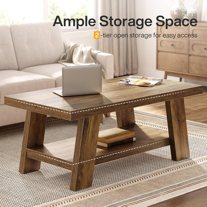 Farmhouse Coffee Table, 47.24" Rectangle Rustic Coffee Tables for Living Room, Long Wooden Center Tables with Storage Shelves for Apartment, Home Office (Brown)