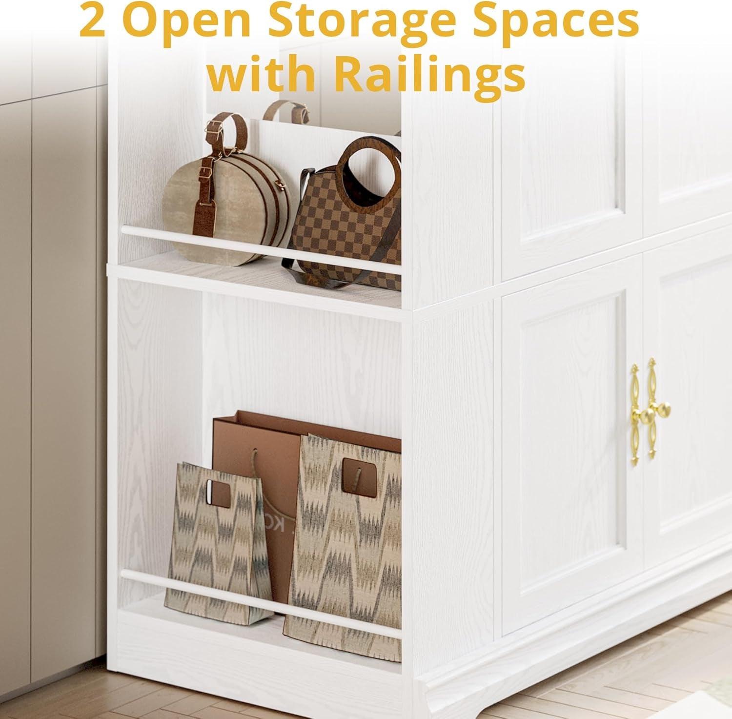 Armoire Wardrobe Closet with Mirror, 70” Wooden Wardrobe Cabinet with 4 Doors, 2 Open Storage Shelves, Freestanding Bedroom Armoire with 3 Hooks & Hanging Rod for Home Room, White