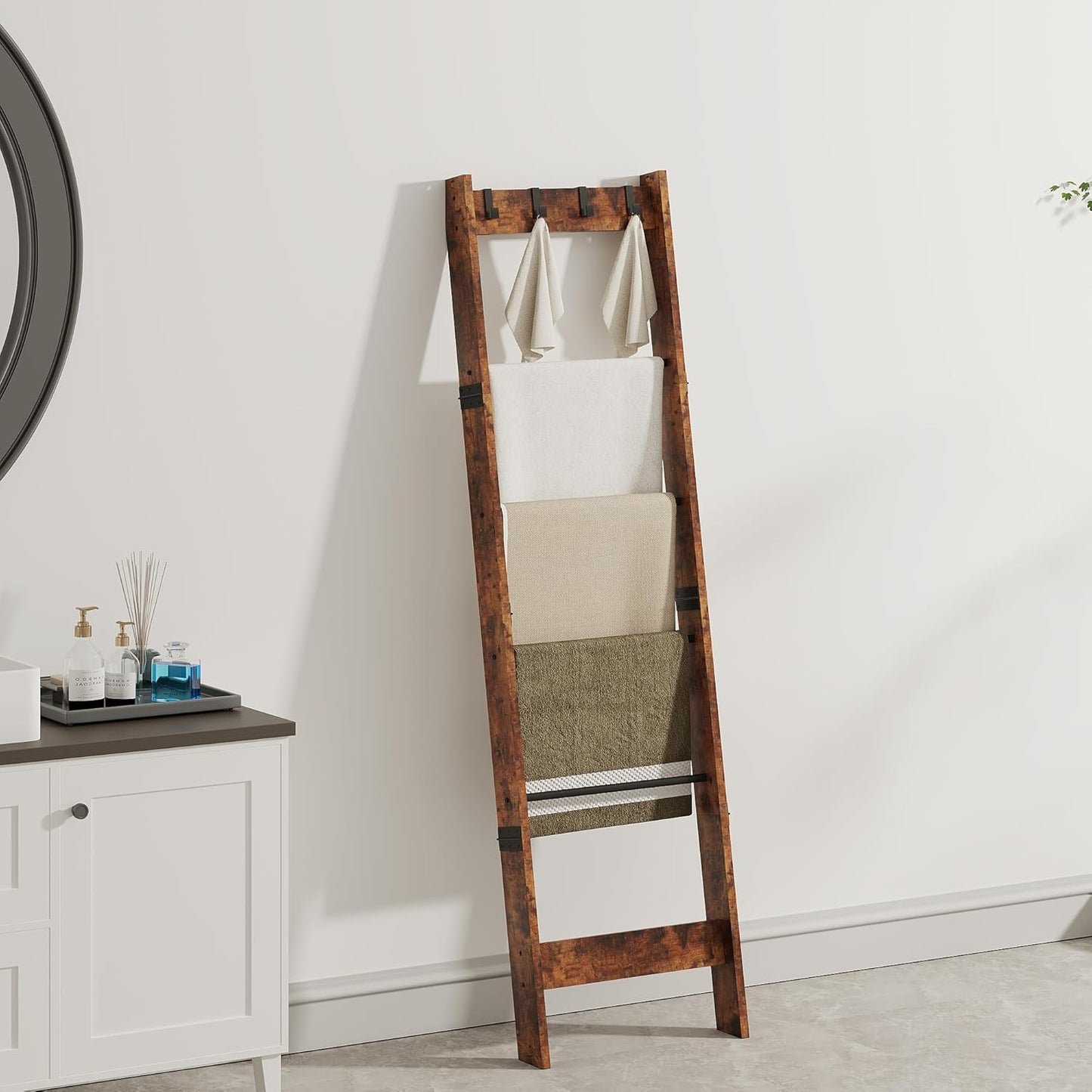 6 Tier Blanket Ladder Shelf for Living Room and Bedroom, Ladder Holder with 4 Metal Hooks, 5.2Ft Blanket Quilt Holder Rack, Farmhouse Ladder Rack for Storage and Home Decor, Rustic Brown