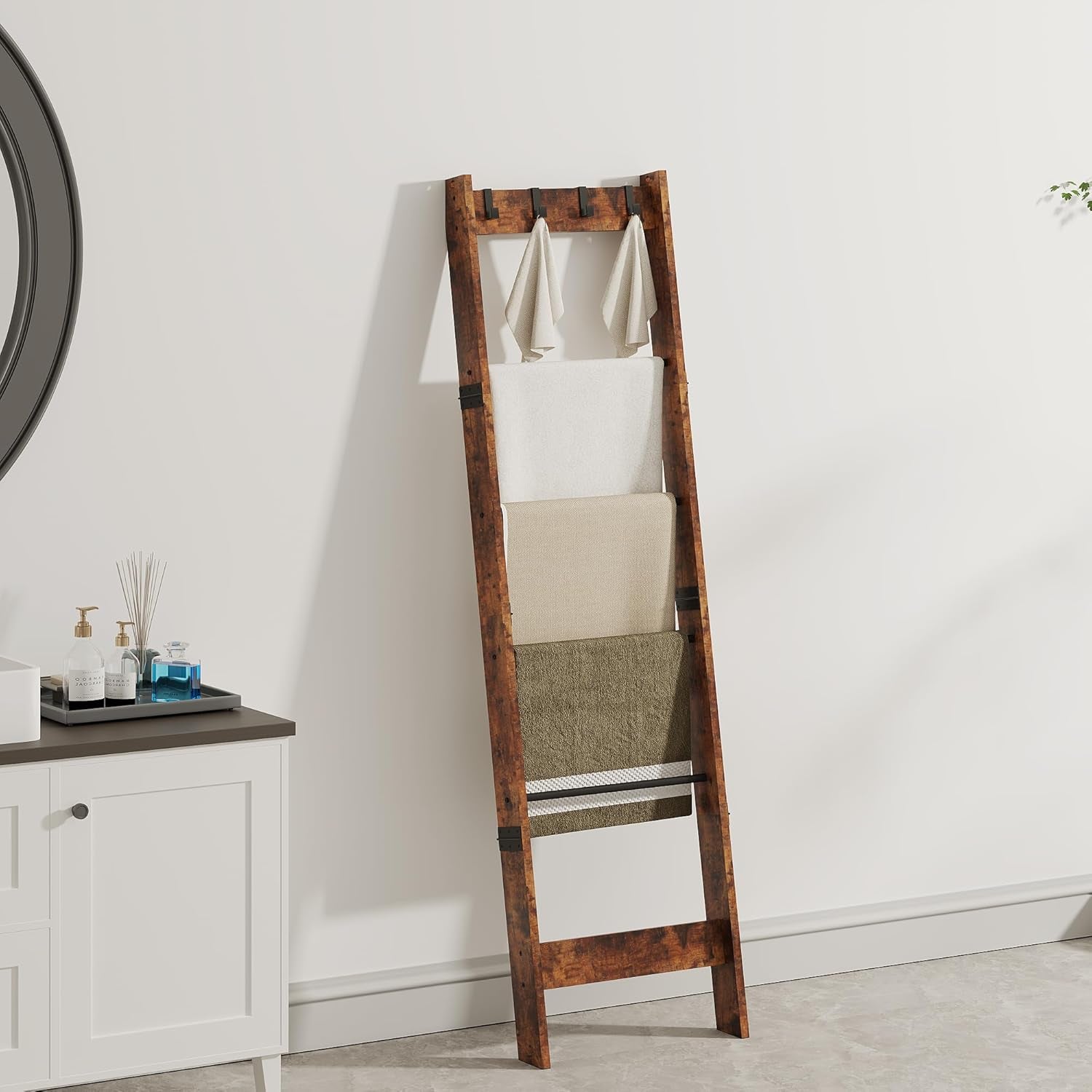 6 Tier Blanket Ladder Shelf for Living Room and Bedroom, Ladder Holder with 4 Metal Hooks, 5.2Ft Blanket Quilt Holder Rack, Farmhouse Ladder Rack for Storage and Home Decor, Rustic Brown