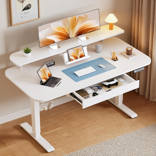 Electric Standing Desk with Drawers, 48 X 24 Inches Height Adjustable Computer Desk with Monitor Stand, Laptop Stand, Home Office Sit Stand up Desk with Memory Preset, White