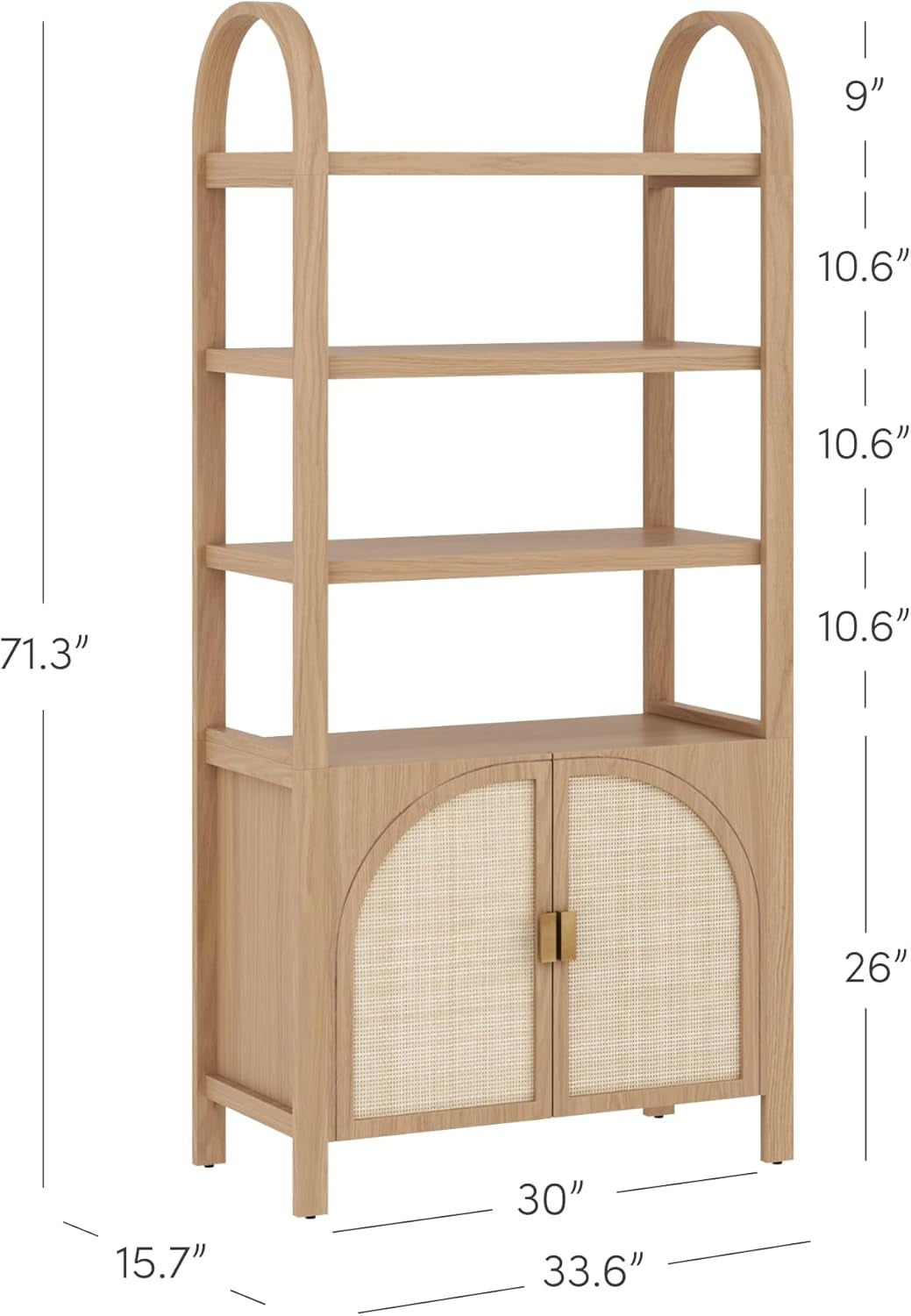 Paxton Mid-Century Modern Arched Bookshelf Cabinet with Solid Wood Frame and Rattan Base, Raw Oak