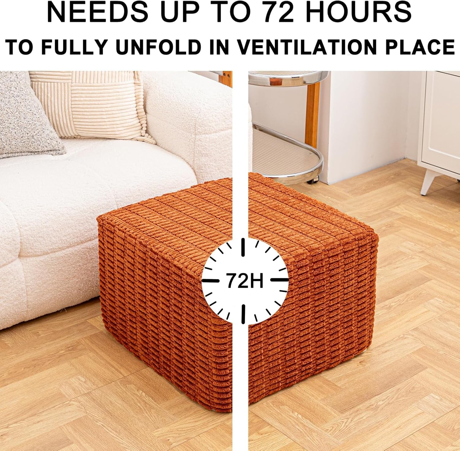 round Square Pouf Ottoman Foot Rest – Lightweight Modern Footstool with Plush Foam Filling, Perfect for Living Room Decor & Cozy Comfort – 20X20X14 Inch Chic Accent Piece (Burnt Orange)