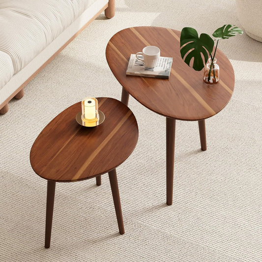 Small Oval Coffee Tables Set,Acacia Wood Tabletop Nesting Tables（25.6"X17.7"+17.7"X13.4" for Living Room Small Spaces Office,Easy Assembly Minimalist Walnut Mid Century Modern Coffee Table