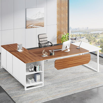 70.8" L-Shaped Executive Desk with 55" File Cabinet, Large Home Office Computer Desk with Storage Shelves and Cabinet, Modern Business Furniture Set Home Office, Walnut White