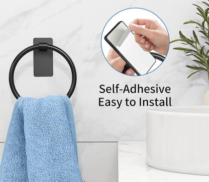 Adhesive Towel Ring, Hand Towel Holder for Bathroom, Adhesive round Towel Ring for Bath RV, Black