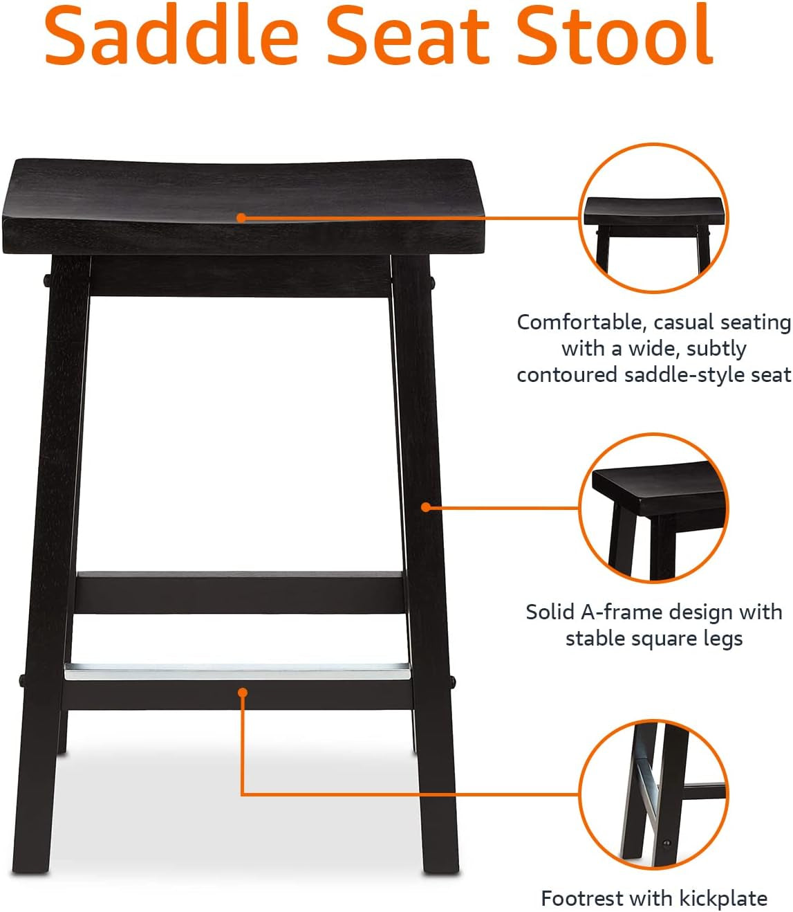 Solid Wood Saddle-Seat Kitchen Counter Barstool with Footrest, Easy Assembly - 24-Inch Height - Black - Set of 2