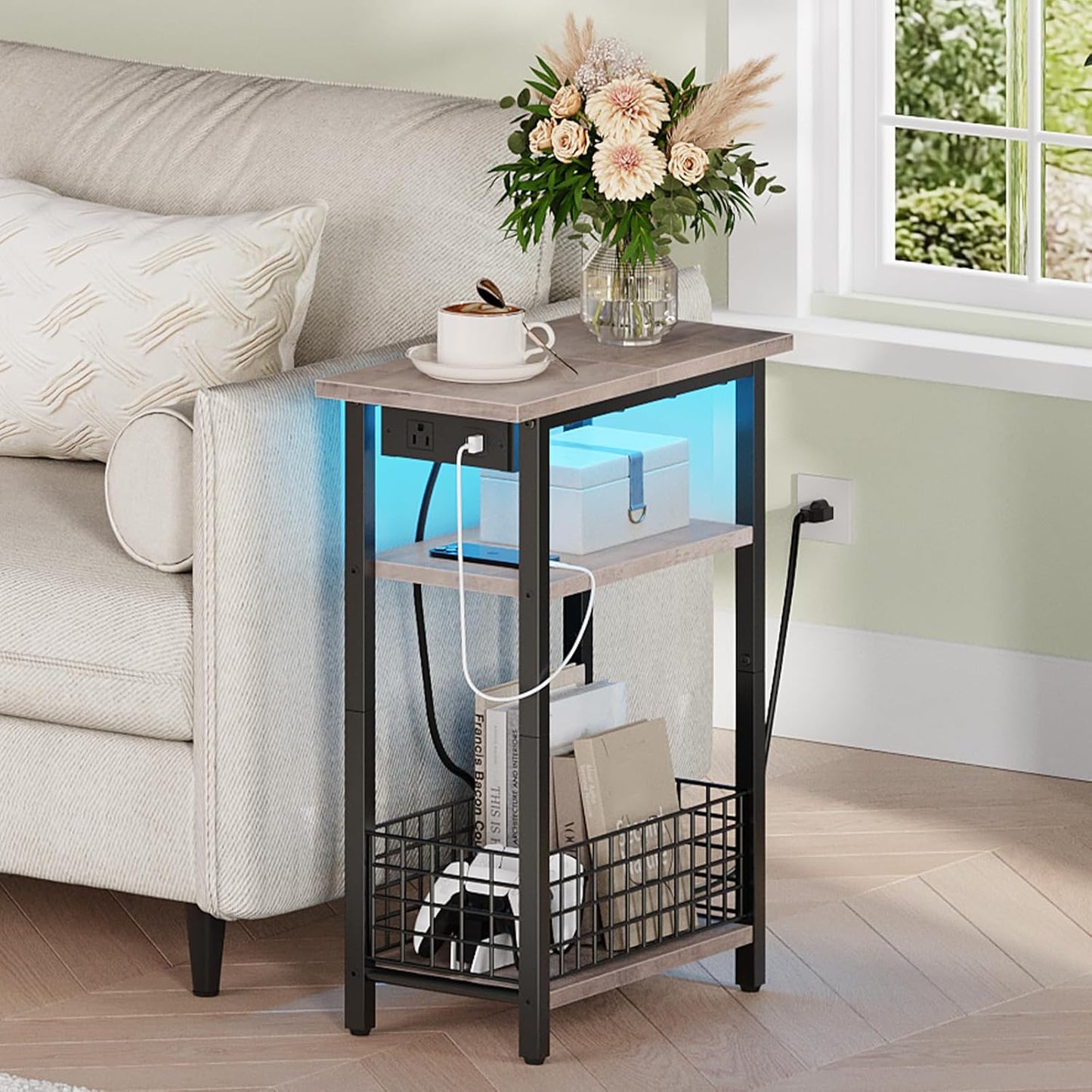 Narrow Side Table with Charging Station and LED Light, Small End Table with Storage, Skinny Nightstand with USB Port, Slim Bedside Table for Small Spaces, Living Room, Greige BG242UDBZ01
