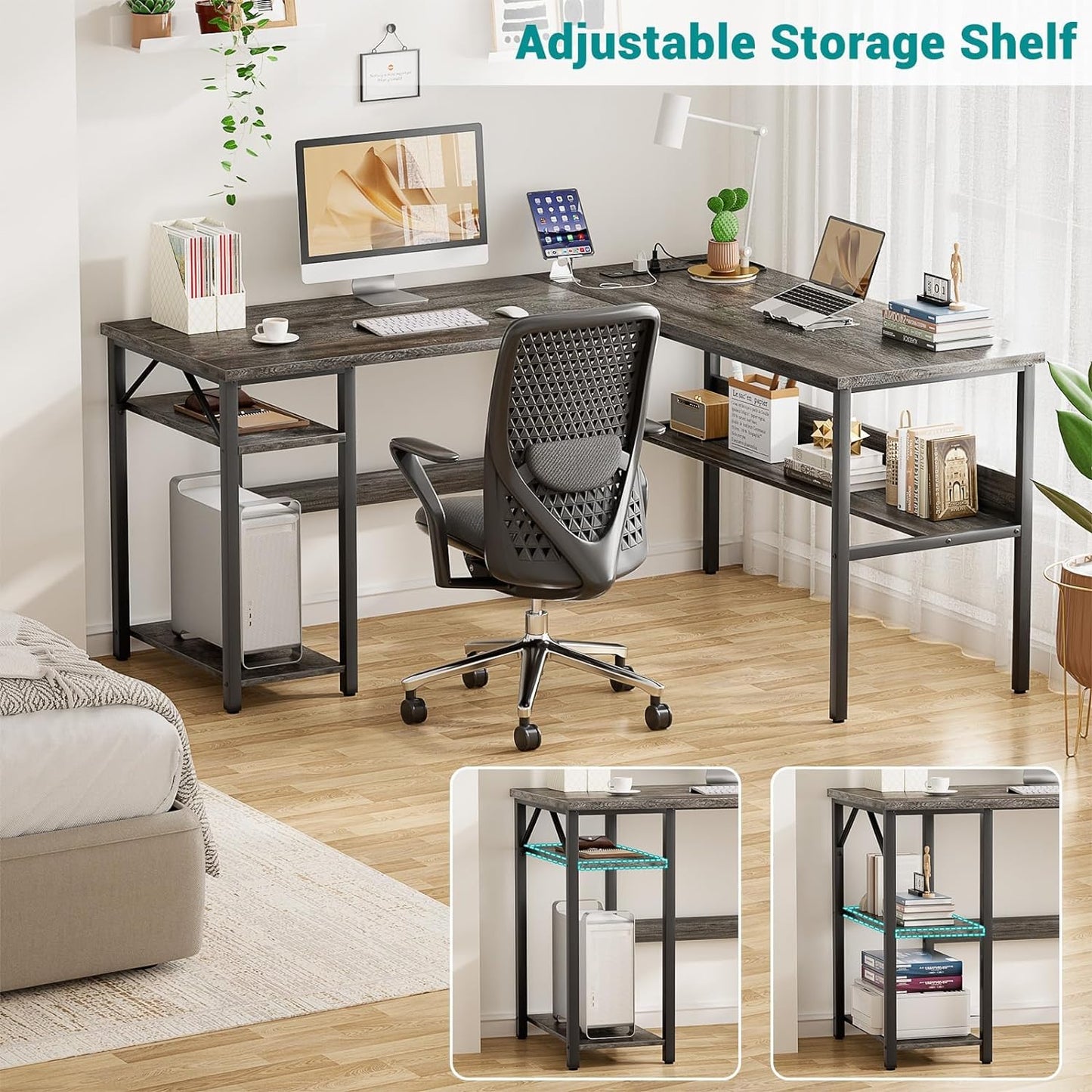 Reversible L Shaped Gaming Desk with Power Outlets and USB Charging Ports, Sturdy Computer Desk with Storage Shelf, Modern Corner Desk Home Office Table, Easy to Assemble, Gray Oak
