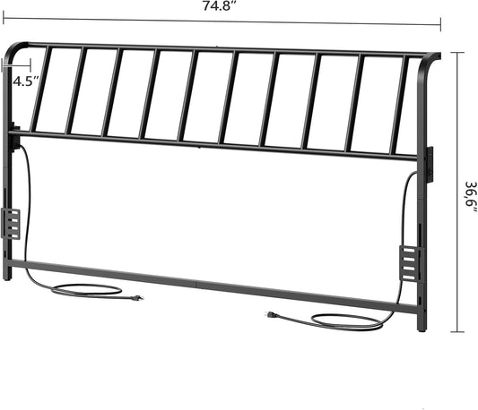 King Size Headboard Only, Metal Headboard with 2 Power Strips, 95 Degrees Reclining Backrest with Bed Frame Adapters, Easy Assembly, Black