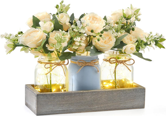 Mason Jar Lights Centerpiece Table Decor for Dining Room Farmhouse Wood Tray with 3 Jars Flowers Center Pieces Spring Decor for Coffee Table Kitchen Living Room, Grey Blue